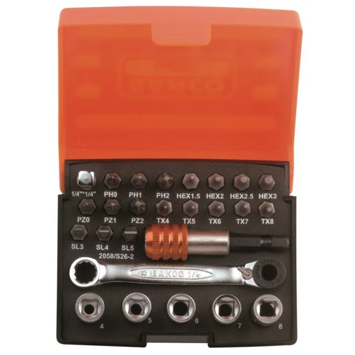 BAHCO BIT-/DOPSLEUTELSET MET RATEL 1/4" STAALGRIJS INGEVET 1 BAHCO BIT-/DOPSLEUTELSET MET RATEL 1/4" STAALGRIJS INGEVET